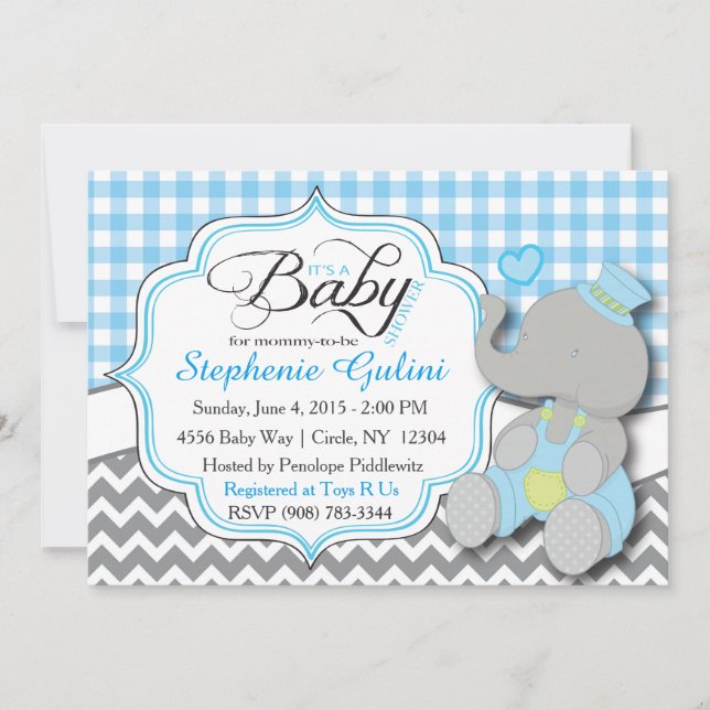 Invitación a la ducha Blue Elephant Baby Boy (Anverso)