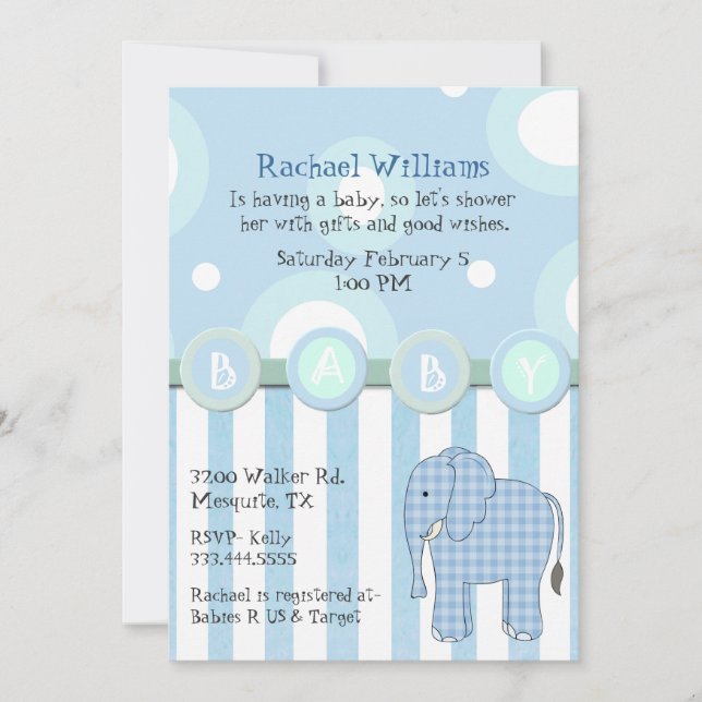 Invitación a la ducha Blue Elephant Baby Boy (Anverso)