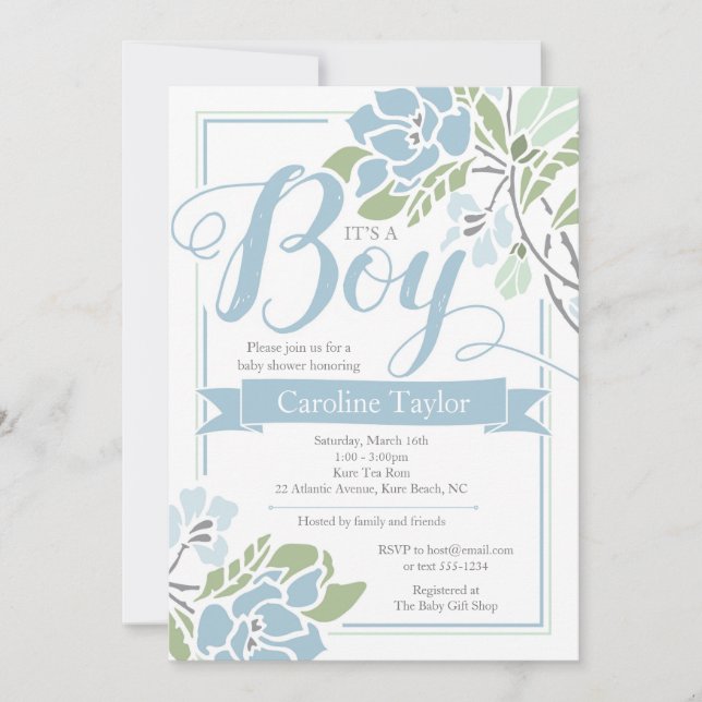 Invitación a la ducha Blue Floral Baby Boy (Anverso)