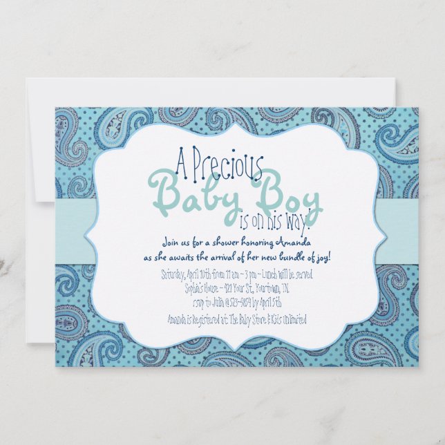 Invitación a la ducha Blue Paisley Baby Boy (Anverso)