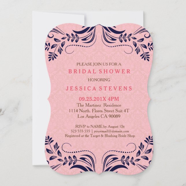 Invitación A La Ducha Bridal De Lace Azul Y Damasc (Anverso)