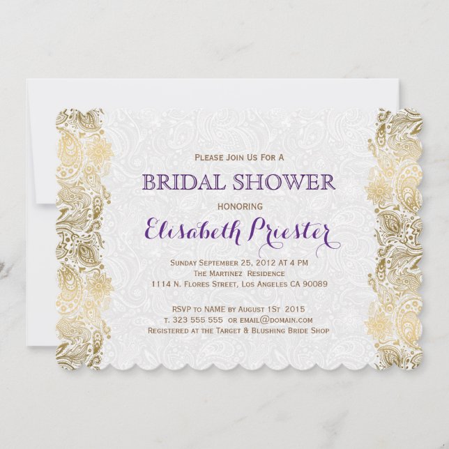 Invitación A La Ducha Bridal De Lace Blanco Y Oro (Anverso)