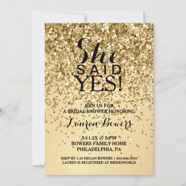 Invitación A La Ducha Bridal Dijo Sí Purpurina De  (Anverso)