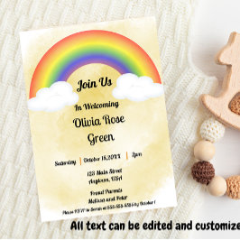 Invitación a la ducha con bebé arco iris (oro)