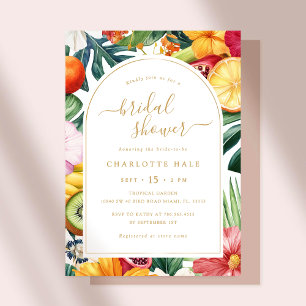 Invitación a la ducha con colorido tropical dorado