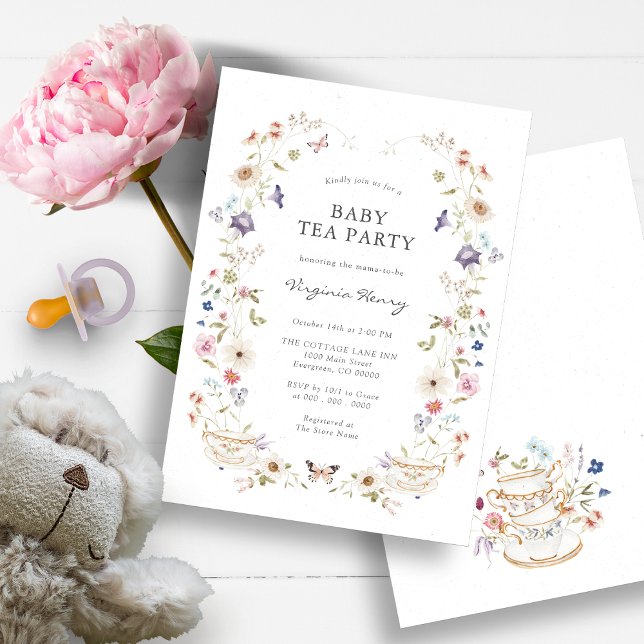 Invitación a la ducha con Fiesta de té para bebés (Beautiful Wildflower Baby Shower Tea Party Invitation by Painted Paperie)