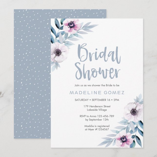 Invitación a la ducha con flores azul morado (Anverso / Reverso)