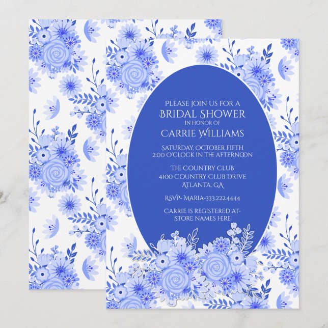 Invitación a la ducha con flores azules y blancas (Anverso / Reverso)