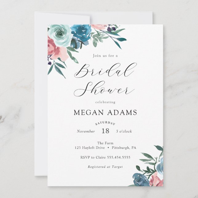 Invitación a la ducha con flores azules y rosas (Anverso)