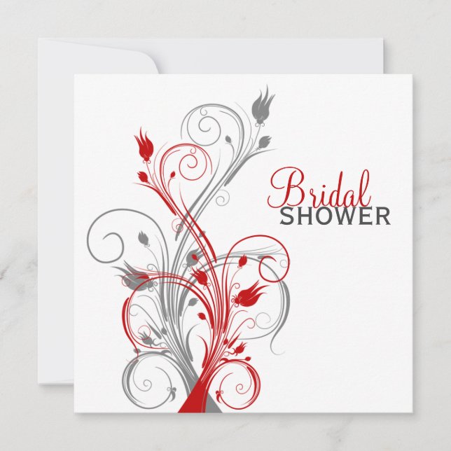 Invitación a la ducha con flores blancas, rojas y  (Anverso)