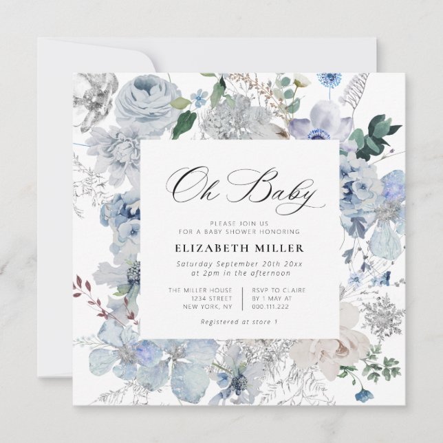 Invitación a la ducha con flores blancas y azules (Anverso)