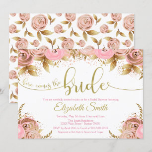 Invitación a la ducha con flores color rosa y dora