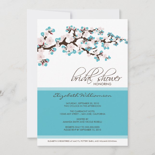 Invitación a la ducha con flores de cerezo (aqua) (Anverso)
