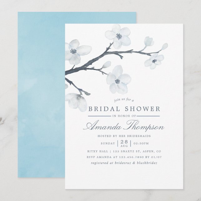 Invitación a la ducha con flores de cerezo blanco (Anverso / Reverso)