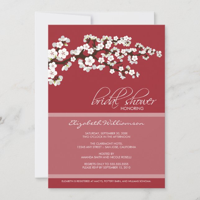 Invitación a la ducha con flores de cerezo (rojo) (Anverso)