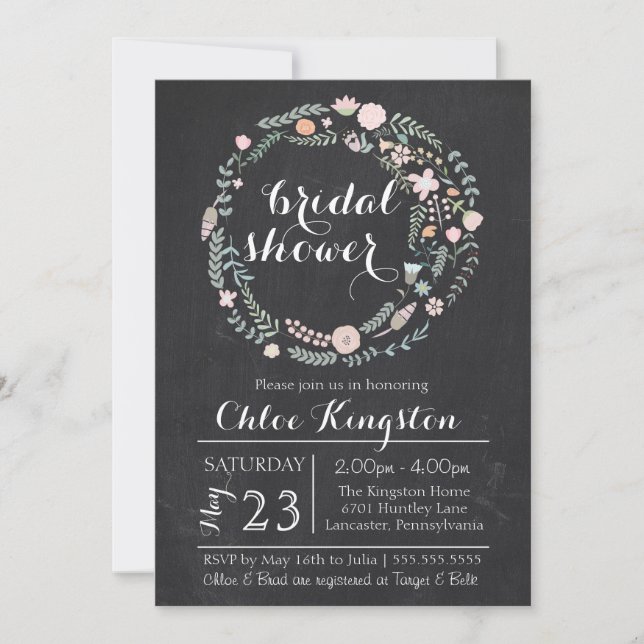Invitación a la ducha con flores de flor Chalkboar (Anverso)