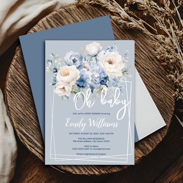Invitación a la ducha con flores de marfil y azul  (Blue and white roses and peonies floral watercolor baby shower invitation )