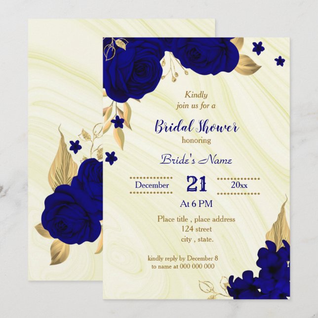 invitación a la ducha con flores de oro azul real (Anverso / Reverso)