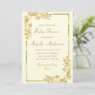 Invitación a la ducha con flores de oro enmarcadas