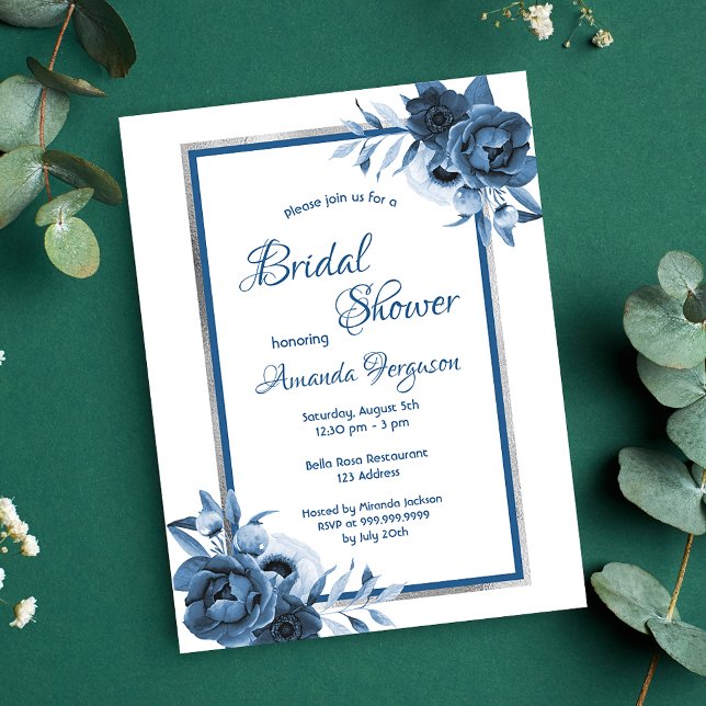 Invitación a la ducha con flores de plata azul bla (Subido por el creador)