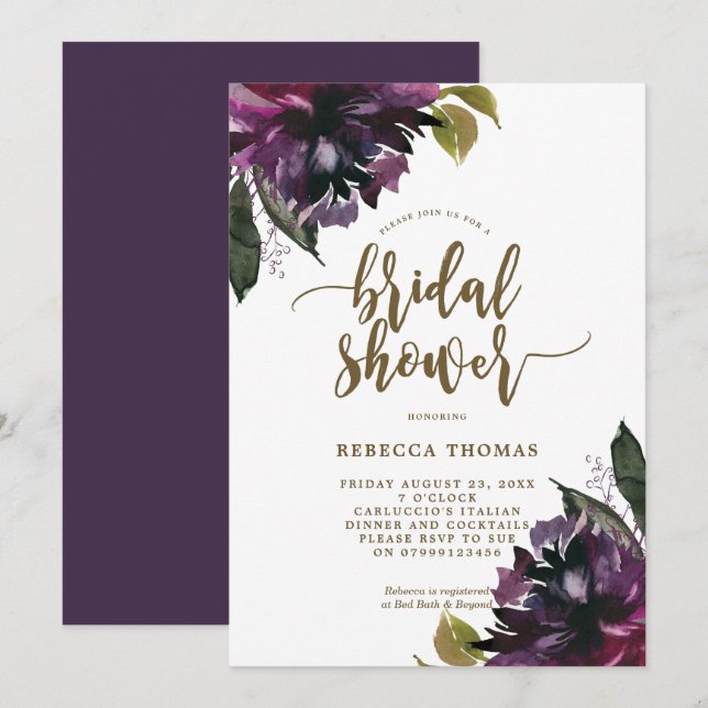 invitación a la ducha con flores moradas (Anverso / Reverso)