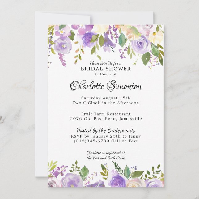 Invitación a la ducha con flores moradas y crema (Anverso)