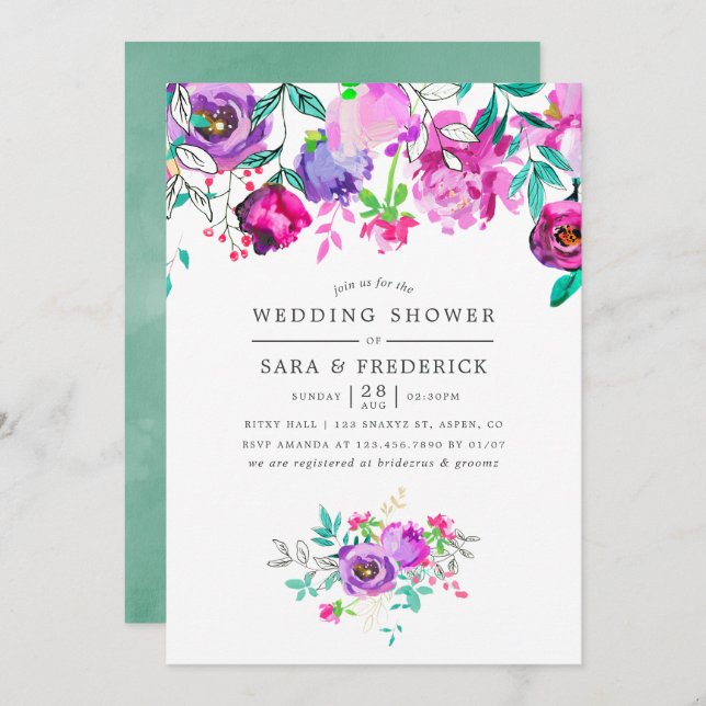 Invitación a la ducha con flores moradas y mint (Anverso / Reverso)