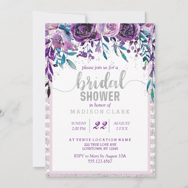 Invitación a la ducha con flores moradas y plata (Anverso)