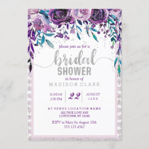 Invitación a la ducha con flores moradas y plata