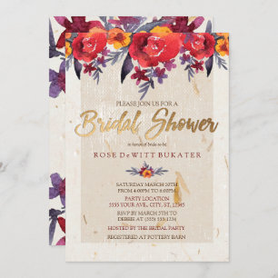 Invitación a la ducha con flores rojas y doradas c