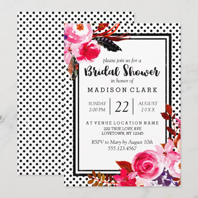 Invitación a la ducha con flores y puntos rosados  (Anverso / Reverso)
