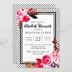 Invitación a la ducha con flores y puntos rosados 
