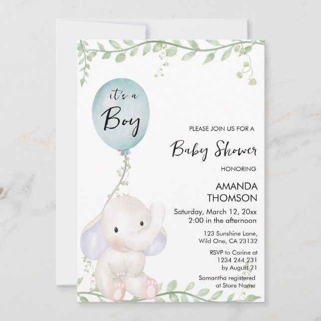 Invitación a la ducha con globo elefante lindo (Anverso)