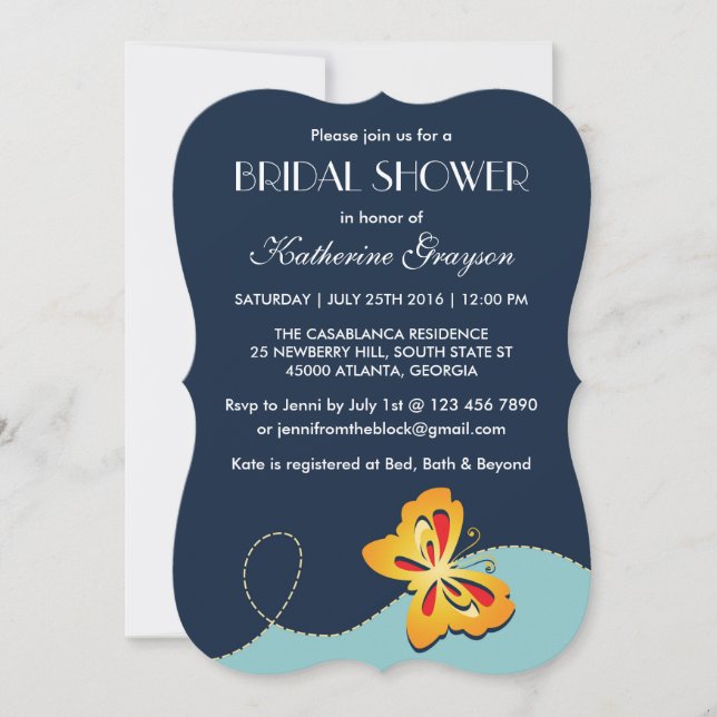 Invitación a la ducha con mariposa azul de la mari (Anverso)