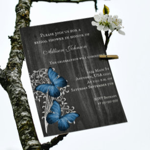 Invitación a la ducha con mariposa azul rústica