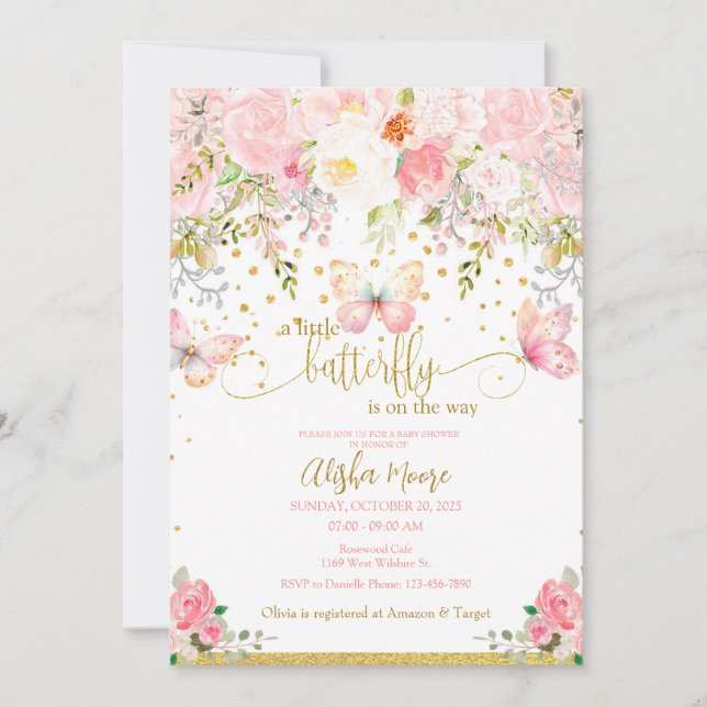 Invitación a la ducha con mariposa de oro rosa (Anverso)