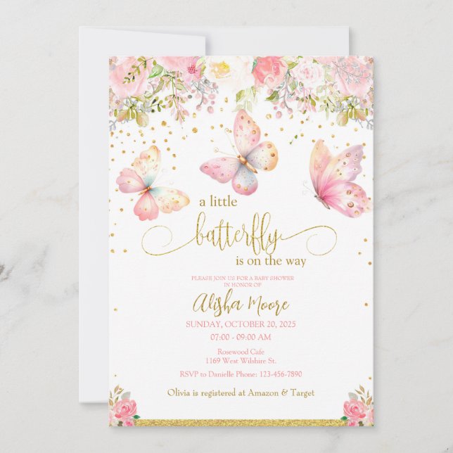 Invitación a la ducha con mariposa de oro rosa (Anverso)