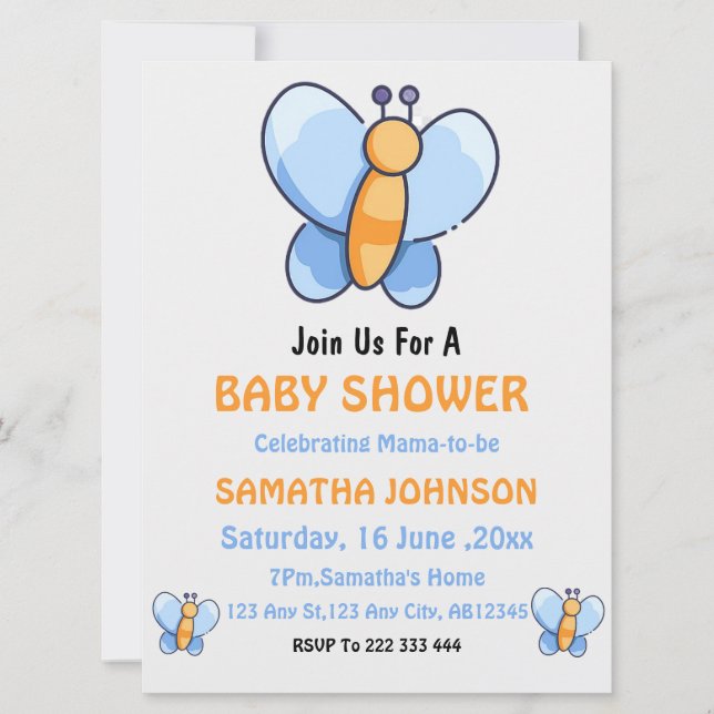 Invitación a la ducha con mariposa feliz (Anverso)