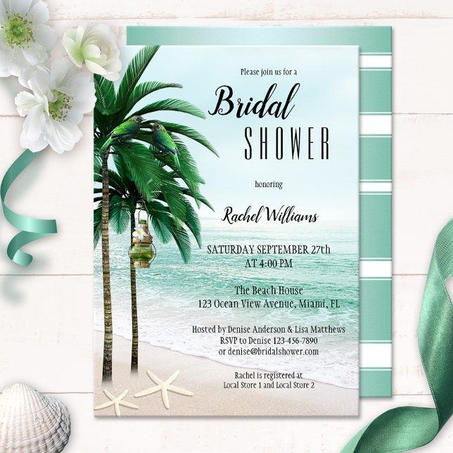 Invitación a la ducha con palmeras tropicales en l (Bridal shower invitation featuring a tropical beach with palm trees, parrots, a lantern and starfish)