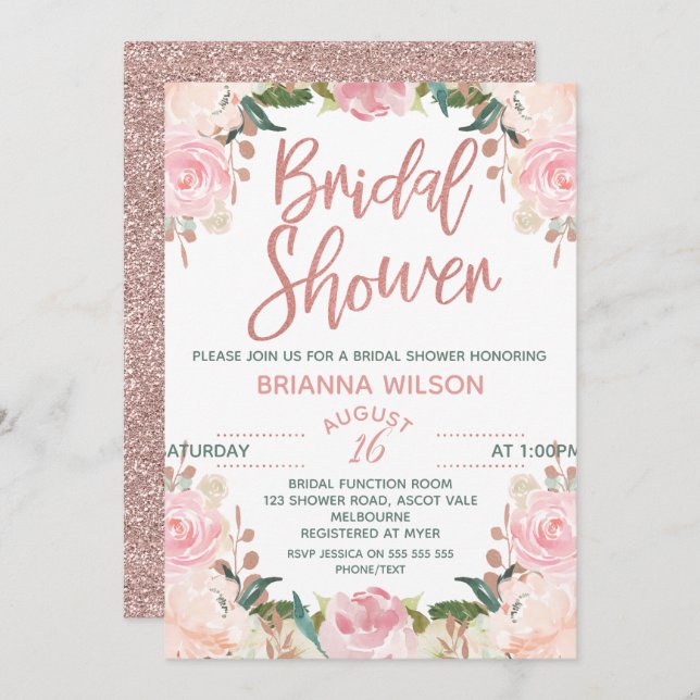 Invitación a la ducha con Rosa floral Gold Bridal (Anverso / Reverso)
