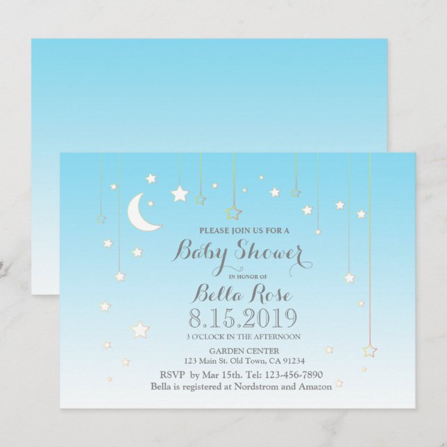 Invitación a la ducha de bebé azul de la luna de l (Anverso / Reverso)