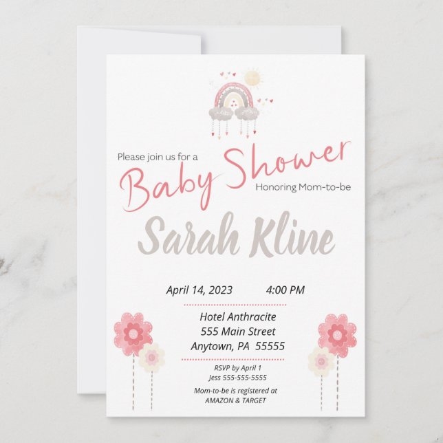 Invitación a la ducha de bebé bohemias, boho (Anverso)