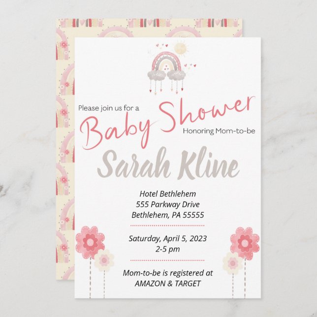 Invitación a la ducha de bebé bohemias, boho (Anverso / Reverso)