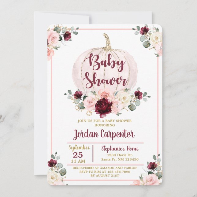Invitación a la ducha de bebé borgoña y rosa (Anverso)