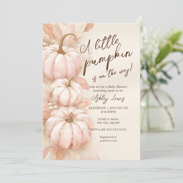 Invitación a la ducha de bebé, calabaza rosa (Anverso de pie)