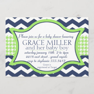 Invitación a la ducha de bebé. chevron azul verde 