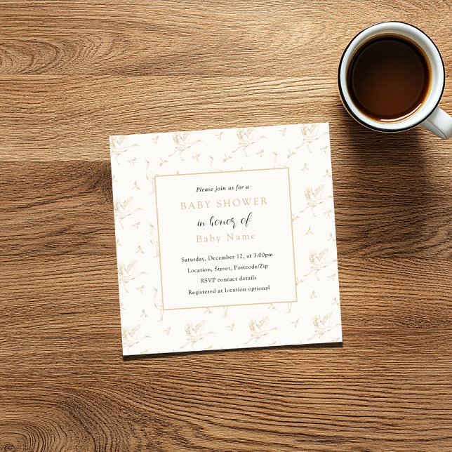 Invitación a la ducha de bebé, cigüeña unisex (Baby shower square invitation card with vintage style border of storks and gold frame)