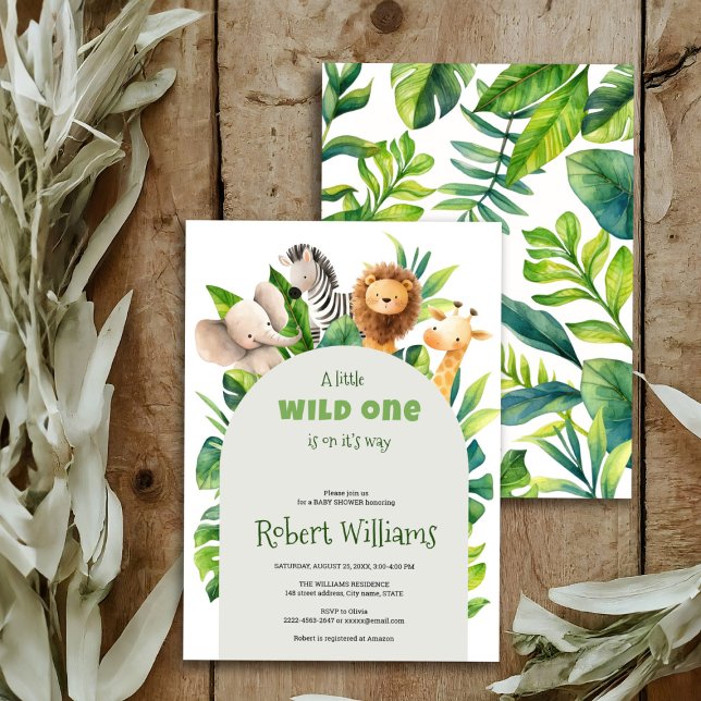Invitación a la ducha de bebé con acuarela animal  (Safari animal African baby shower invitation jungle theme )
