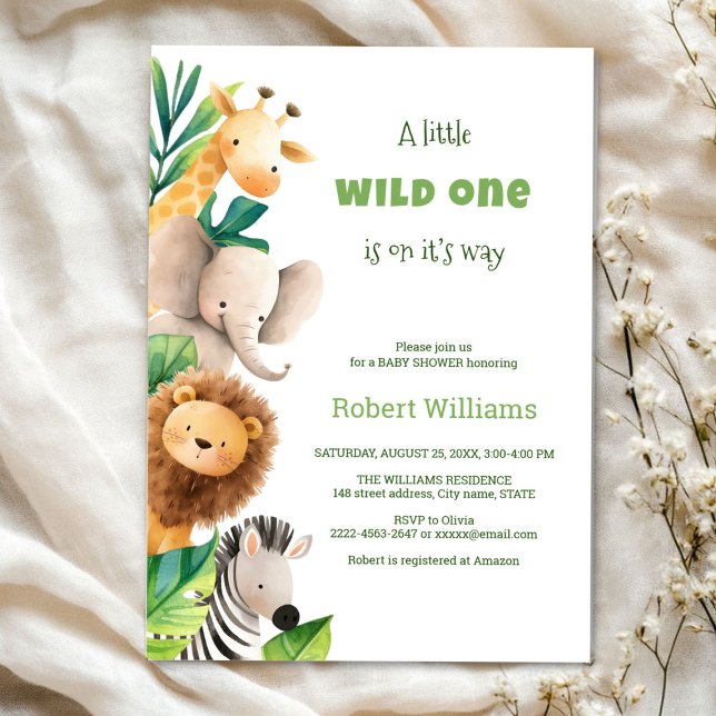 Invitación a la ducha de bebé con acuarela animal  (Safari wild one baby shower invitation )