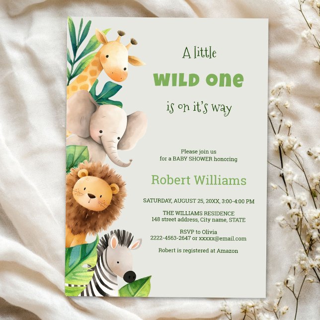 Invitación a la ducha de bebé con acuarela animal  (Safari wild one baby shower invitation )